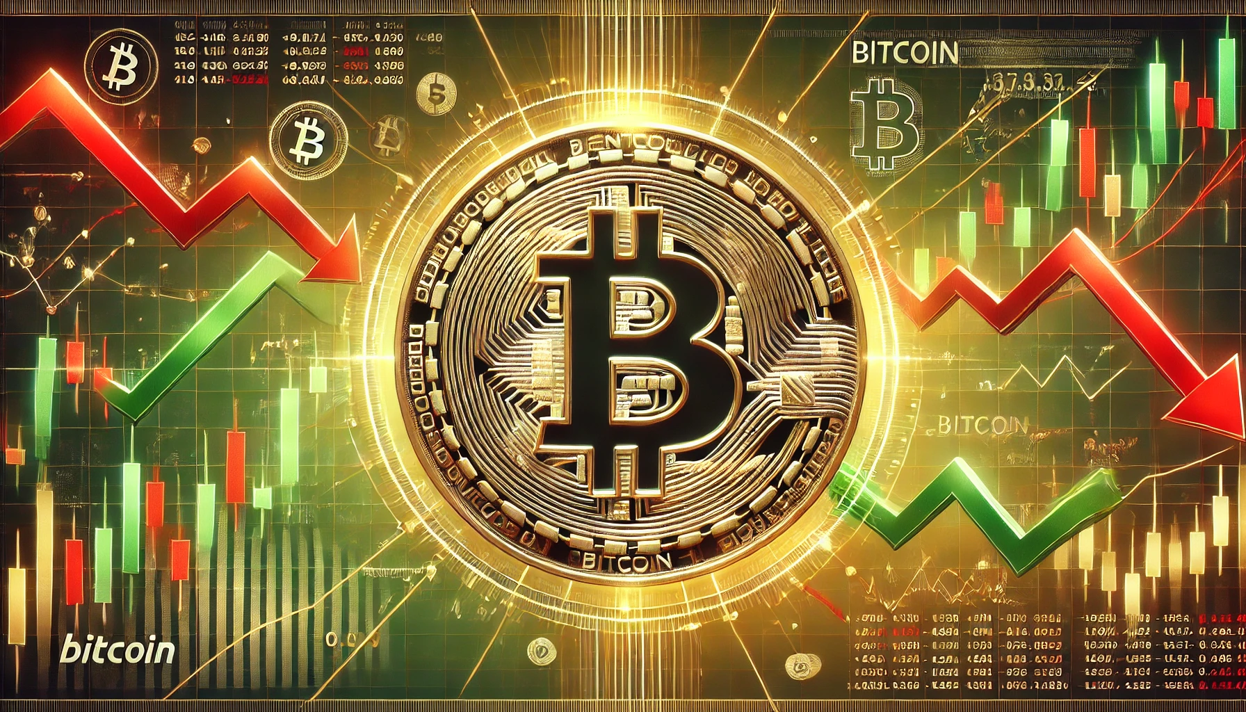 dynamic Bitcoin market. Show a large Bitcoin logo at the center with contrasting trendlines—downward red