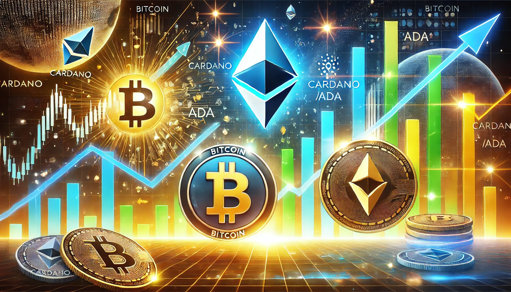 highlighting Bitcoin and Cardano ADA with their respective logos. The image should feature soaring f