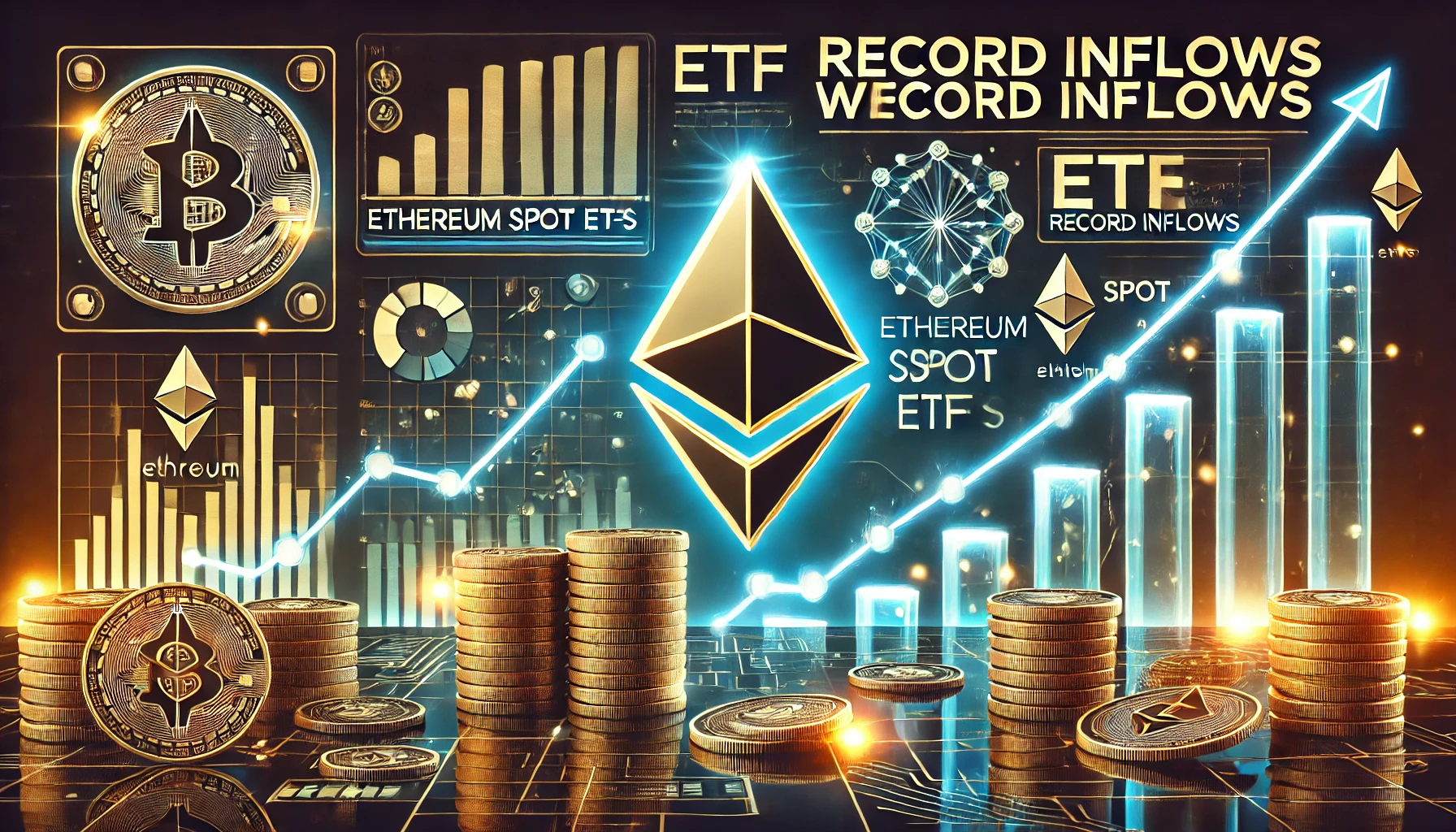 highlighting Ethereum spot ETFs with record inflows. The design features the Ethereum logo financial chart