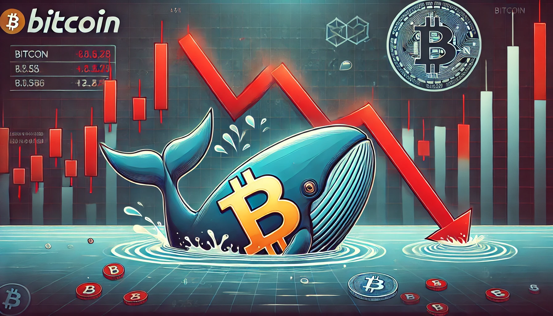 highlighting a Bitcoin whales significant financial loss in a volatile market. The image features a large Bitcoin