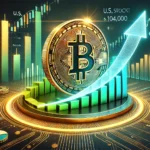 of Bitcoins BTC surge to 104000 showcasing its logo with upward trending financial charts in