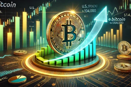 of Bitcoins BTC surge to 104000 showcasing its logo with upward trending financial charts in