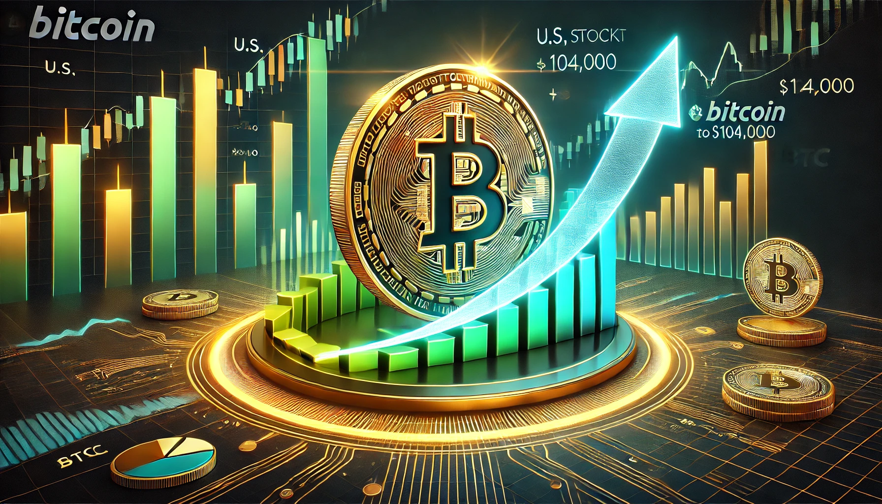 of Bitcoins BTC surge to 104000 showcasing its logo with upward trending financial charts in