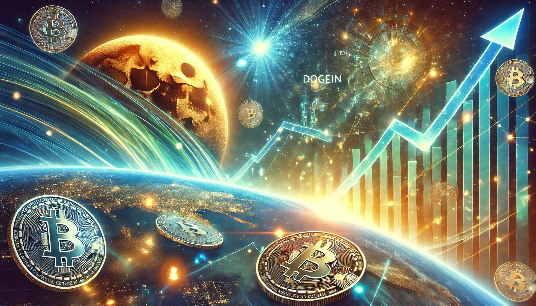 on cryptocurrency growth and Dogecoins market potential. The image features an abstract space