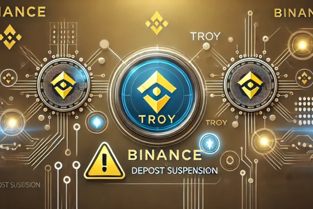 representing Binances announcement of TROY deposit suspension. The image features the Binance logo a