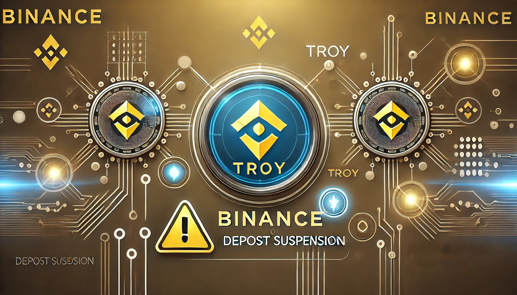 representing Binances announcement of TROY deposit suspension. The image features the Binance logo a