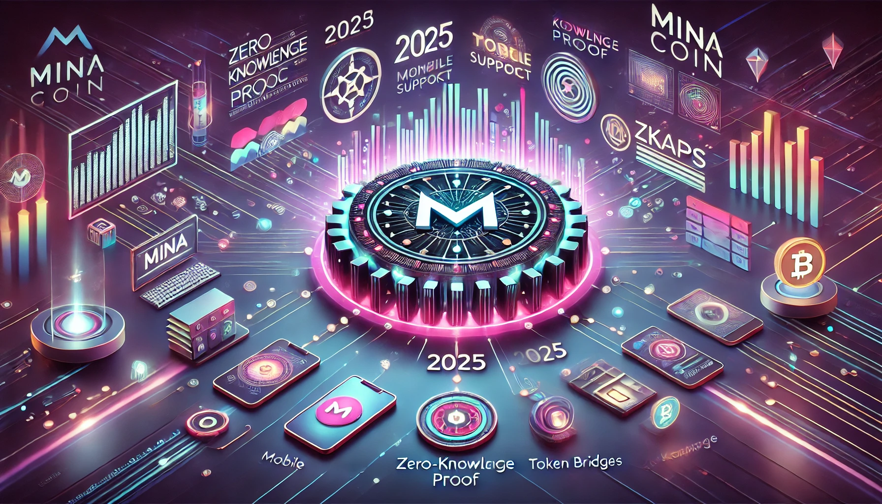 representing Mina Coin is 2025 roadmap and technological advancements. The image features blockchain inspired