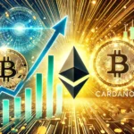 showcasing Bitcoin and Cardano ADA prominently with upward trending financial charts and dynamic visu