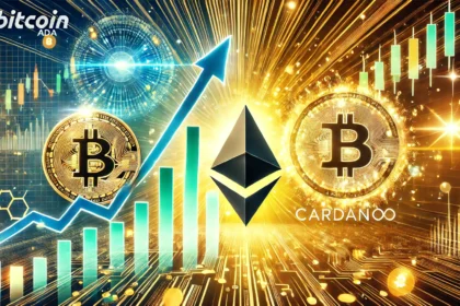 showcasing Bitcoin and Cardano ADA prominently with upward trending financial charts and dynamic visu