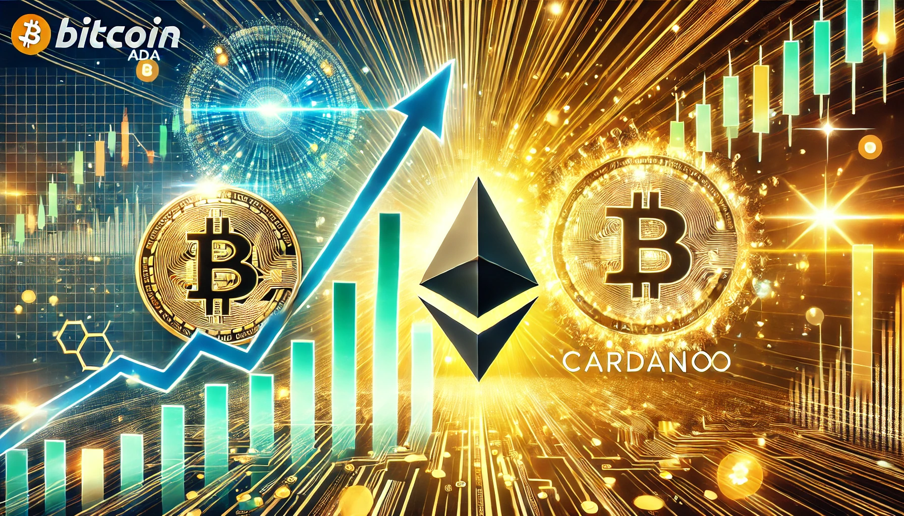 showcasing Bitcoin and Cardano ADA prominently with upward trending financial charts and dynamic visu