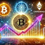 showcasing Bitcoin and Cardano in a bullish market trend. The design includes a glowing Bitcoin logo a Cardano