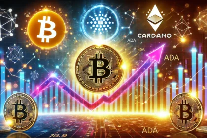 showcasing Bitcoin and Cardano in a bullish market trend. The design includes a glowing Bitcoin logo a Cardano