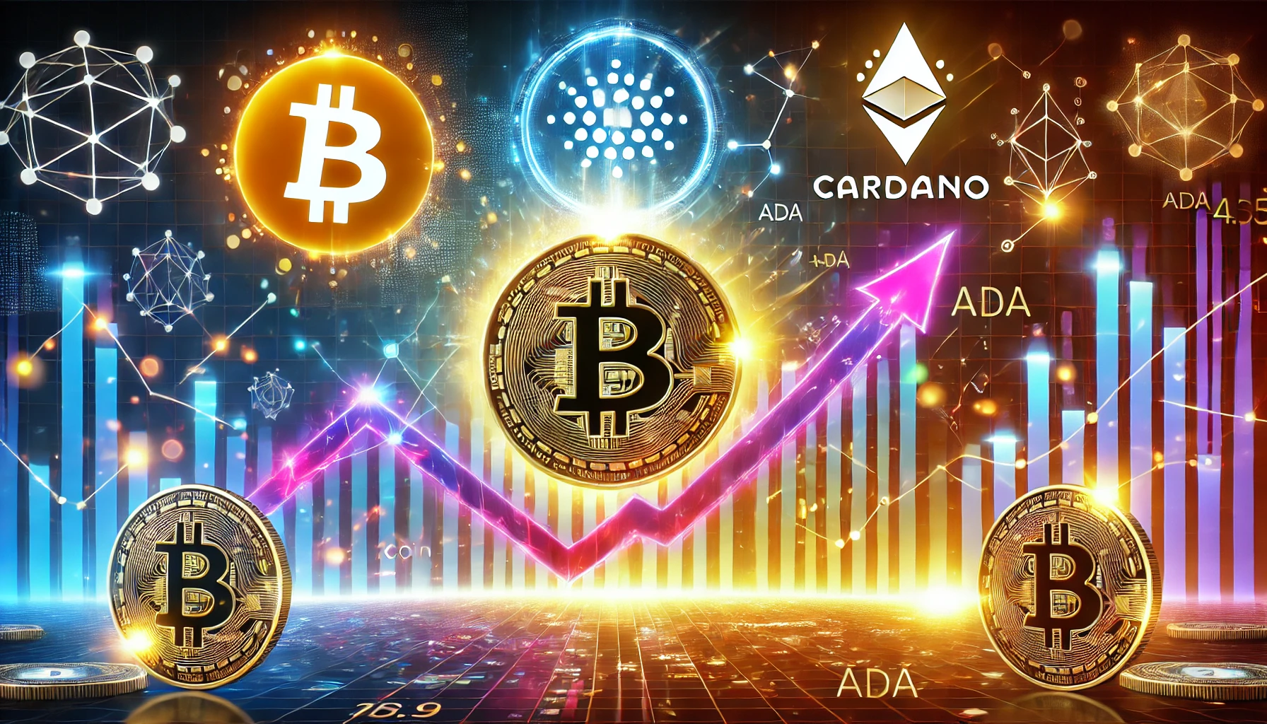 showcasing Bitcoin and Cardano in a bullish market trend. The design includes a glowing Bitcoin logo a Cardano