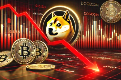 significant cryptocurrency market decline. The design features Dogecoin and Bitcoin logos