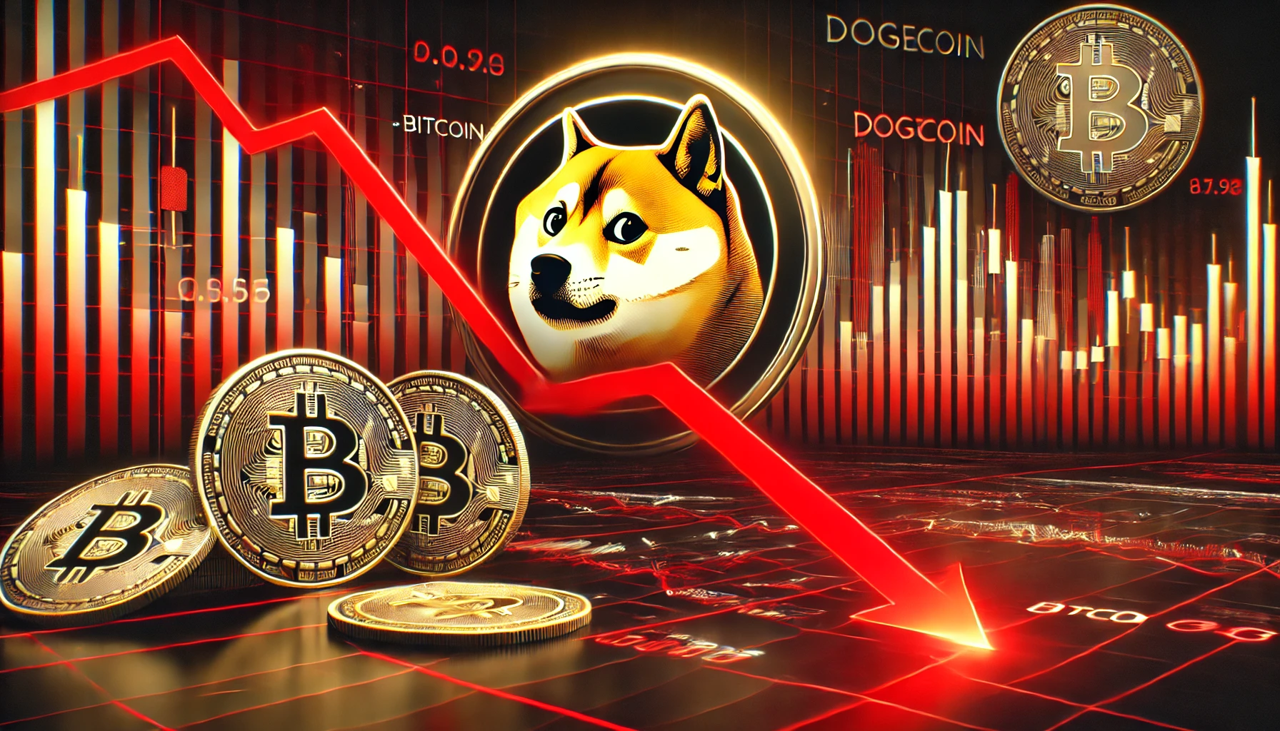 significant cryptocurrency market decline. The design features Dogecoin and Bitcoin logos