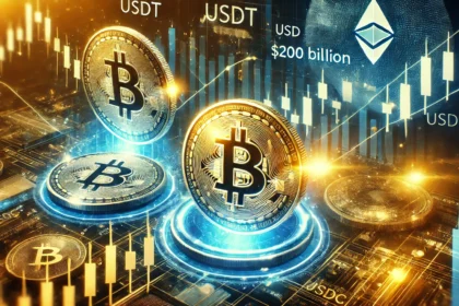 stablecoin market surpassing 200 billion. The image features glowing digital coins labeled USDT