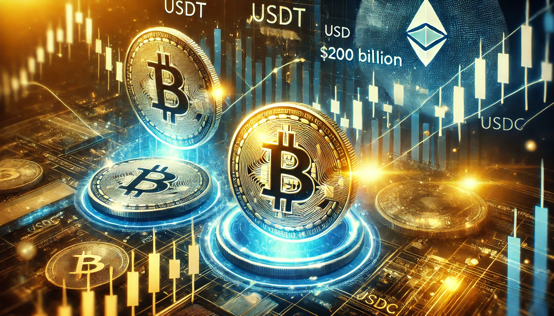 stablecoin market surpassing 200 billion. The image features glowing digital coins labeled USDT