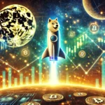 symbolizing cryptocurrency growth and Dogecoins potential. The image includes a futuristic rocket as