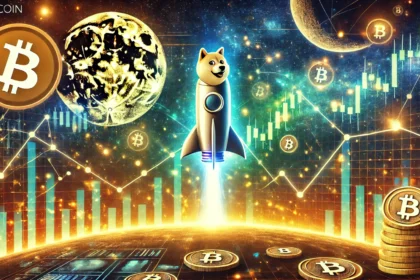 symbolizing cryptocurrency growth and Dogecoins potential. The image includes a futuristic rocket as