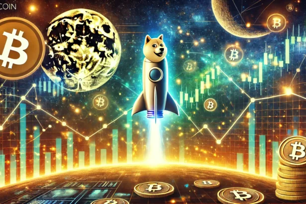 symbolizing cryptocurrency growth and Dogecoins potential. The image includes a futuristic rocket as