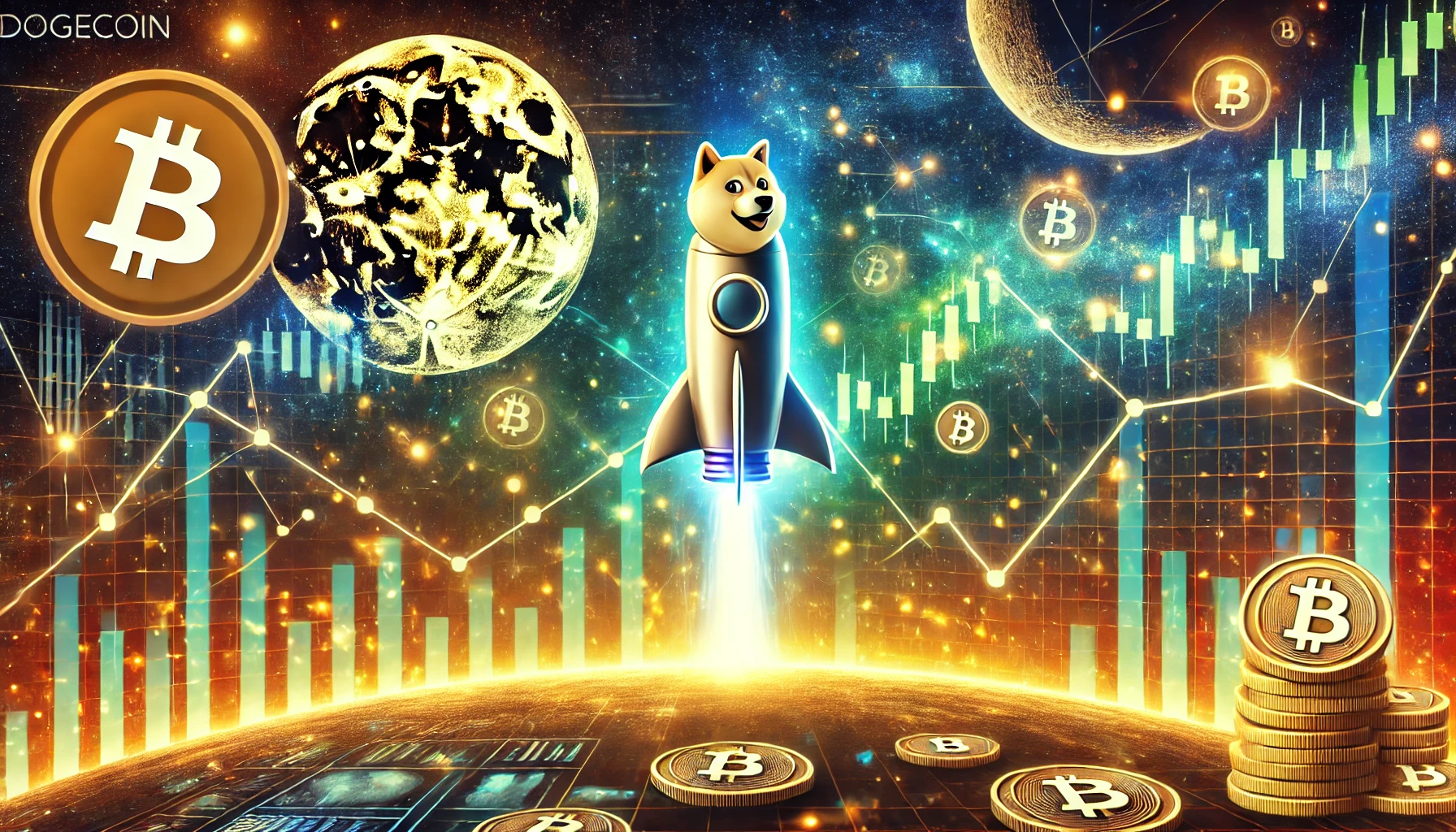 symbolizing cryptocurrency growth and Dogecoins potential. The image includes a futuristic rocket as