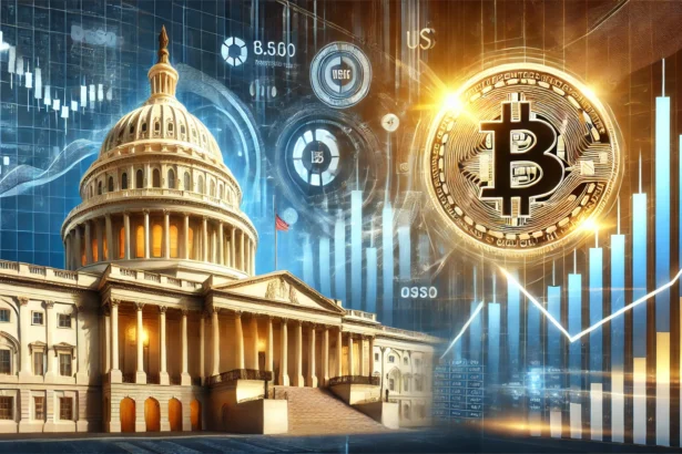 symbolizing the impact of U.S. presidential policies on the cryptocurrency market. The design features ele