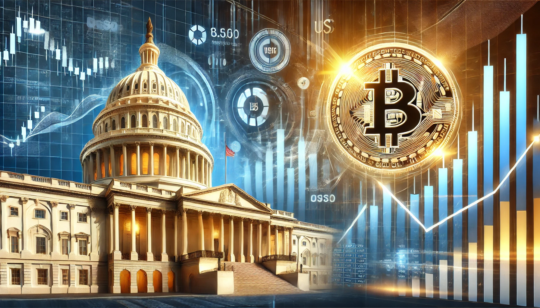 symbolizing the impact of U.S. presidential policies on the cryptocurrency market. The design features ele