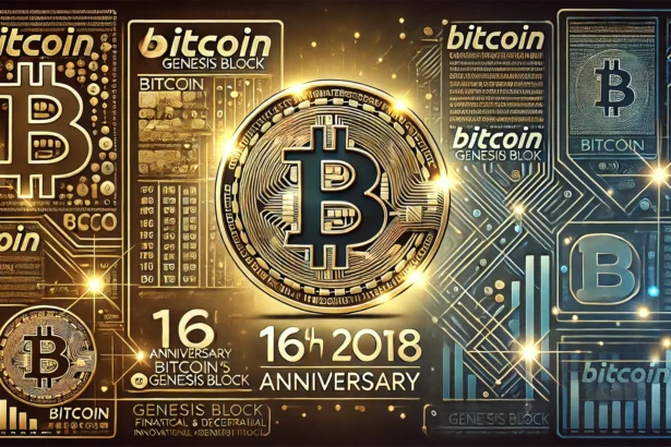 the 16th anniversary of Bitcoins Genesis Block. The design features the Bitcoin logo prominently di