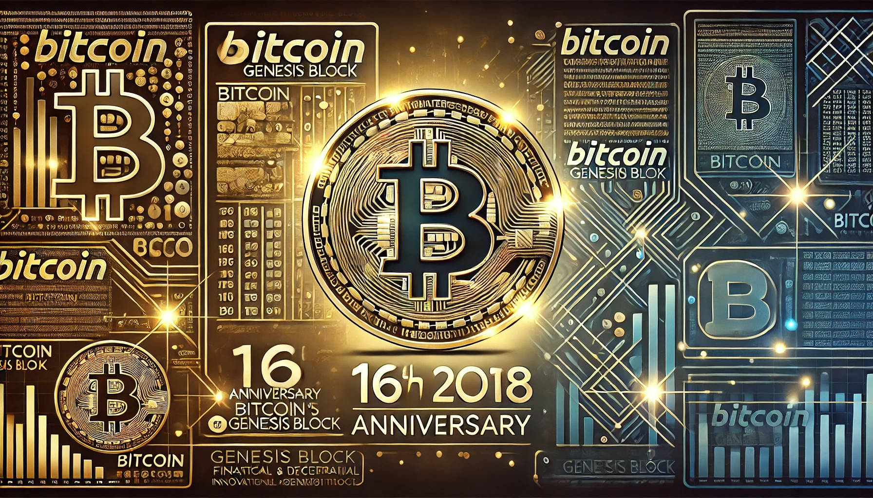 the 16th anniversary of Bitcoins Genesis Block. The design features the Bitcoin logo prominently di