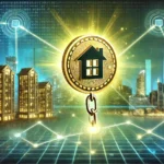 tokenized real estate. The image features a digital property token emerging from a luxurious resid