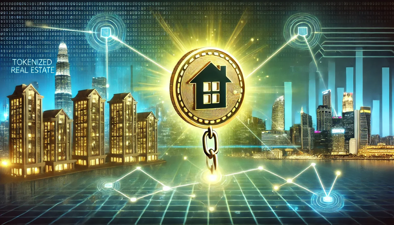 tokenized real estate. The image features a digital property token emerging from a luxurious resid