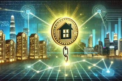 tokenized real estate. The image features a digital property token emerging from a luxurious resid