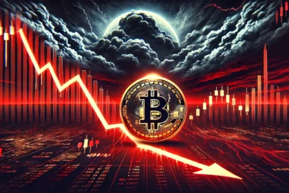 Bitcoin facing a major correction. The image features a glowing Bitcoin coin hovering over a sharp downward trendin