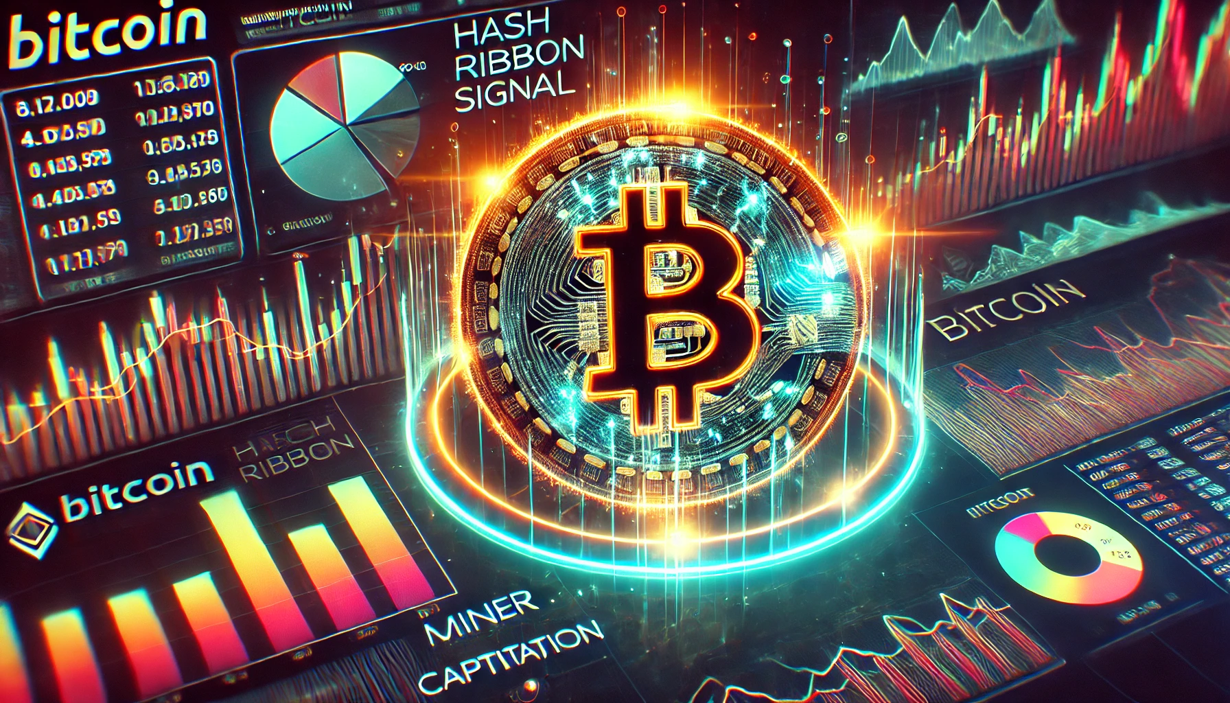 Bitcoin is Hash Ribbon signal indicating potential miner capitulation. The image features a glowing Bitcoin symbo