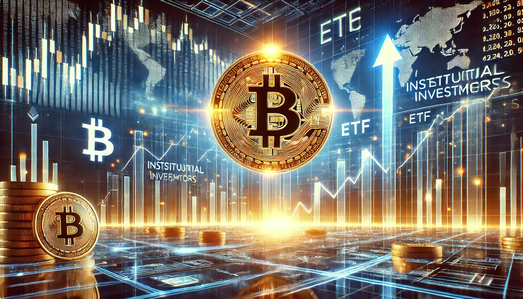 Bitcoins bullish potential. The image features a glowing Bitcoin BTC coin rising on a digital stock chart