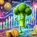 Brokoli themed memecoin trend in the crypto market. The image features a playful cartoonish broccoli character wi