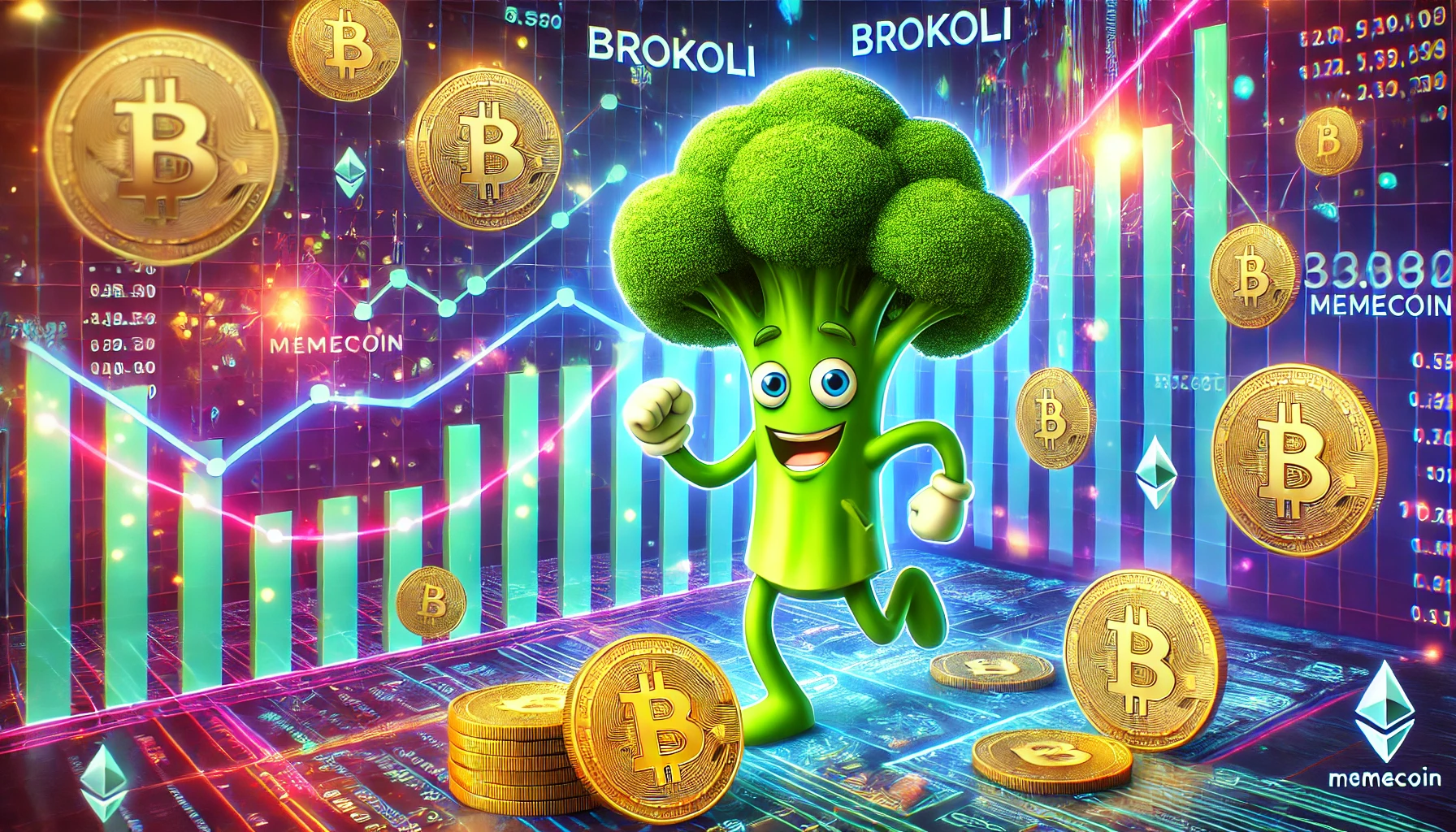 Brokoli themed memecoin trend in the crypto market. The image features a playful cartoonish broccoli character wi