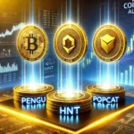 Coinbases new altcoin listings. The image features three glowing cryptocurrency coins labeled PENGU HNT a