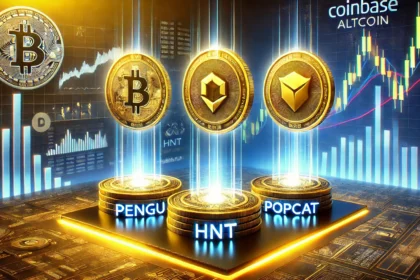 Coinbases new altcoin listings. The image features three glowing cryptocurrency coins labeled PENGU HNT a