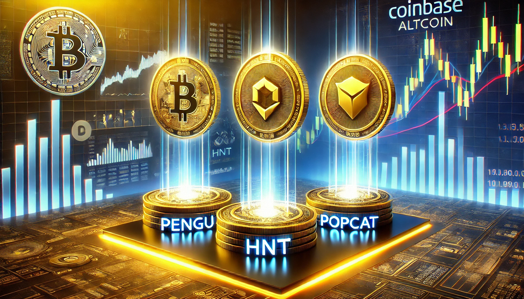 Coinbases new altcoin listings. The image features three glowing cryptocurrency coins labeled PENGU HNT a