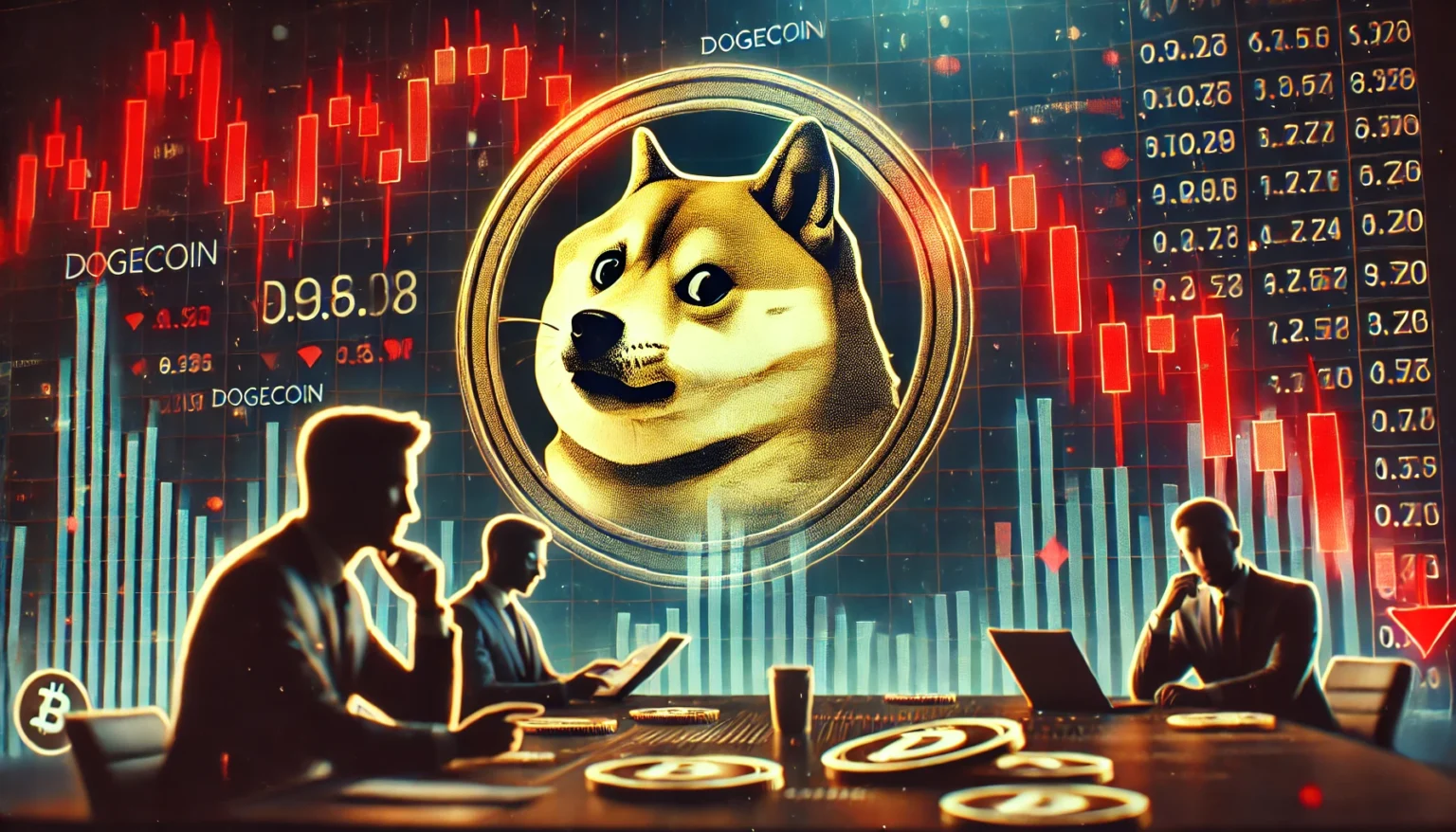 Dogecoin in a bearish market trend. The image features a Dogecoin logo with a downward trending financial chart in the backg