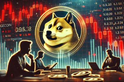 Dogecoin in a bearish market trend. The image features a Dogecoin logo with a downward trending financial chart in the backg