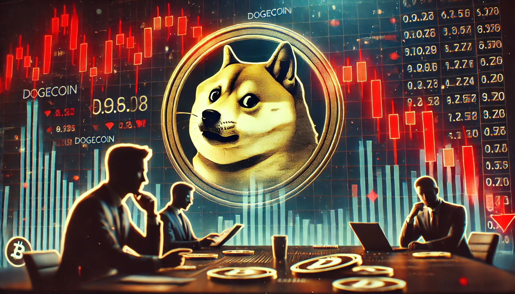 Dogecoin in a bearish market trend. The image features a Dogecoin logo with a downward trending financial chart in the backg