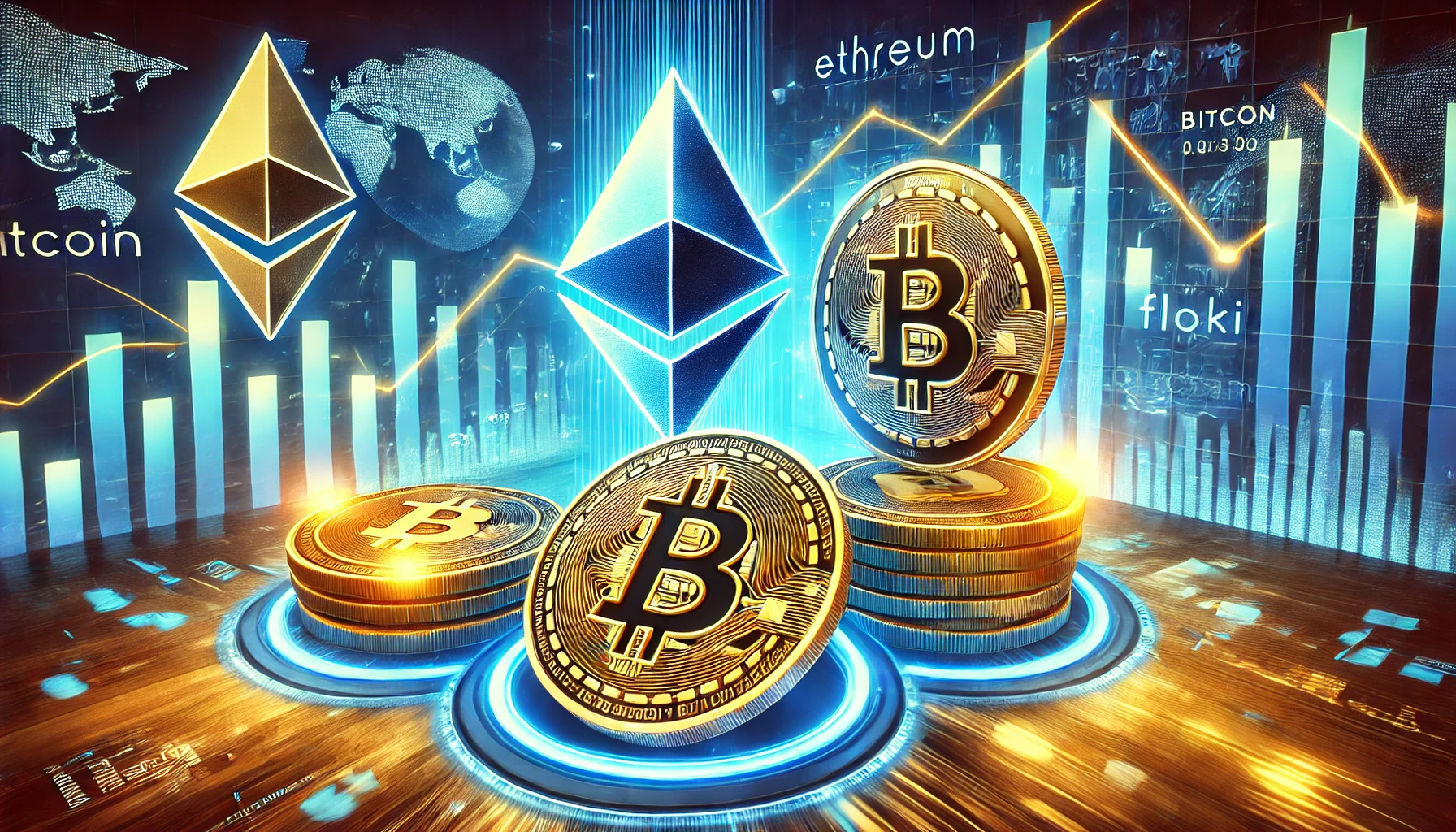 Ethereum ETH FLOKI and the broader altcoin market. The image features Ethereum and FLOKI coins promine