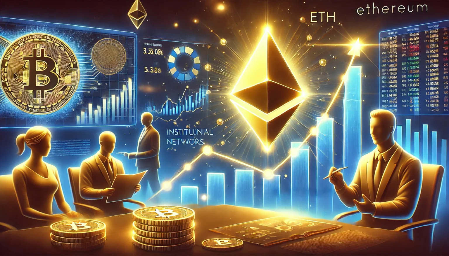 Ethereum ETH in a recovery phase. The image includes a glowing Ethereum logo with a rising price cha