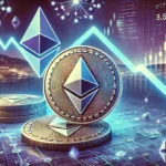 Ethereum ETH staking decline. The image features Ethereum coins with a downward trend graph symbolizing