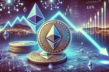 Ethereum ETH staking decline. The image features Ethereum coins with a downward trend graph symbolizing