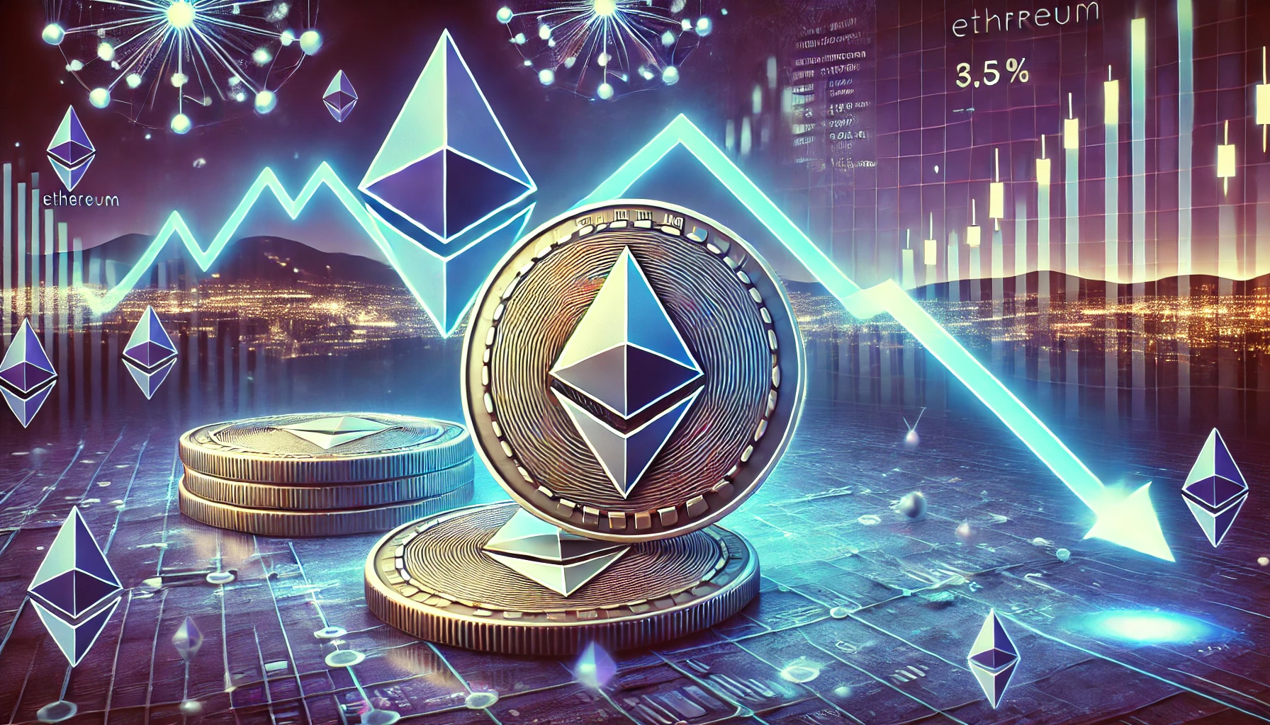 Ethereum ETH staking decline. The image features Ethereum coins with a downward trend graph symbolizing