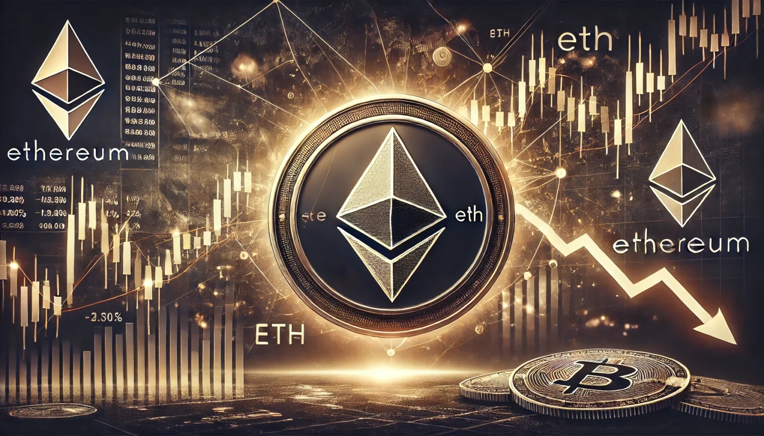 Ethereum ETH under selling pressure. The image includes a bearish trend chart Ethereum coin symbol a