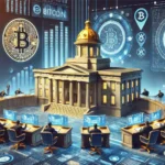 North Carolina state capitol with Bitcoin and cryptocurrency symbols integrated into the ar